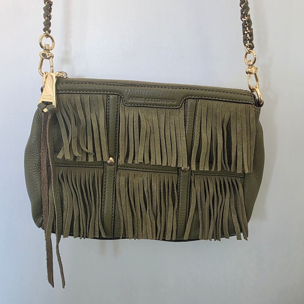 Aimee Kestenberg Green Leather Fringe Crossbody Bag Boho Gold Western Old Money